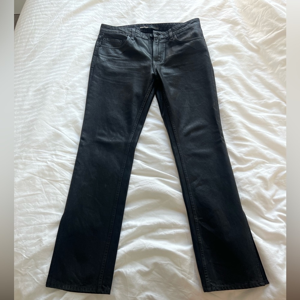 Low rise black faux leather jeans
